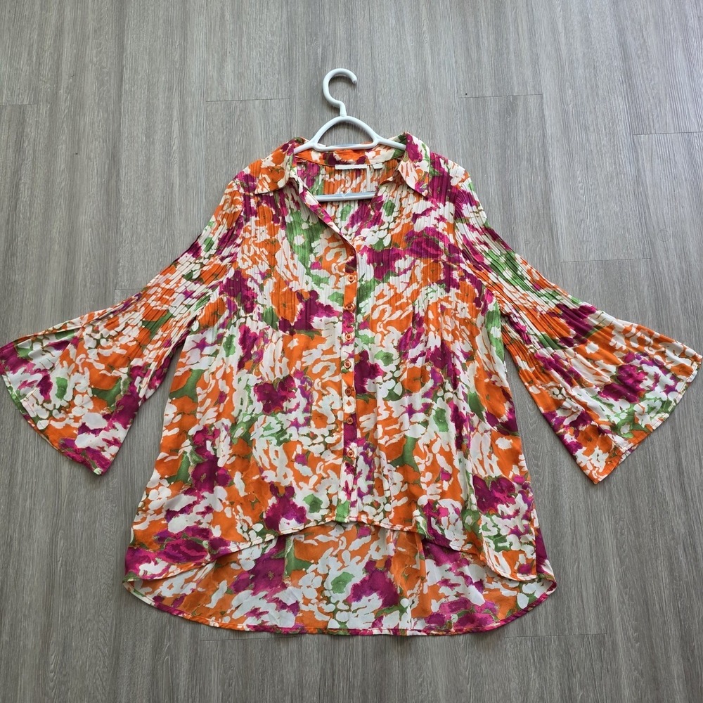 Sunny Leigh Women XL Boho Floral Pleated High Low Button Blouse